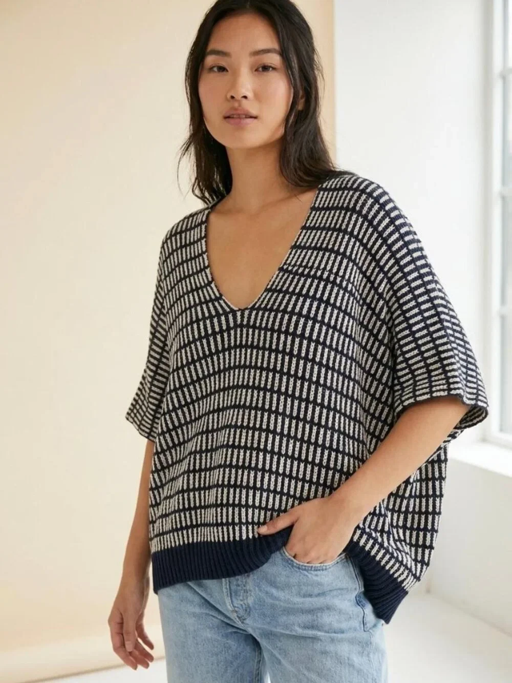 Free People Knit Poncho Navy White Geometric
Opens in a new window or tab