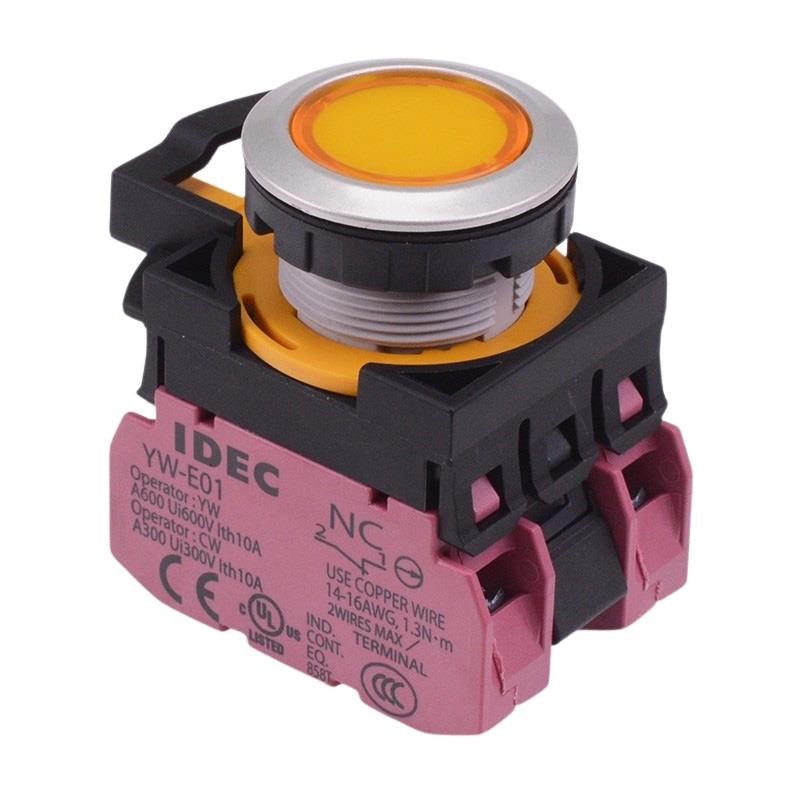 IDEC CW Series Yellow 12V illuminated Maintained Flush Push Button Switch 2NC