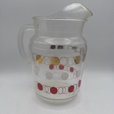 Vtg Clear Glass Lemonade Iced Tea Pitcher Gold White Red Circles & Dots