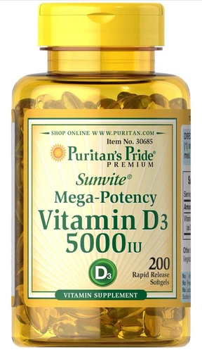 Puritan’s Pride Mega-Potency Vitamin D3 5000 IU 125mcg 200 Softgels