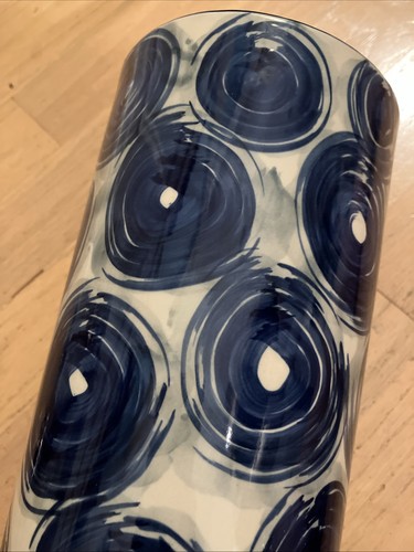 Navy Blue Circles Vase Cylindrical Modernist 9.5" Ceramic - Picture 4 of 5