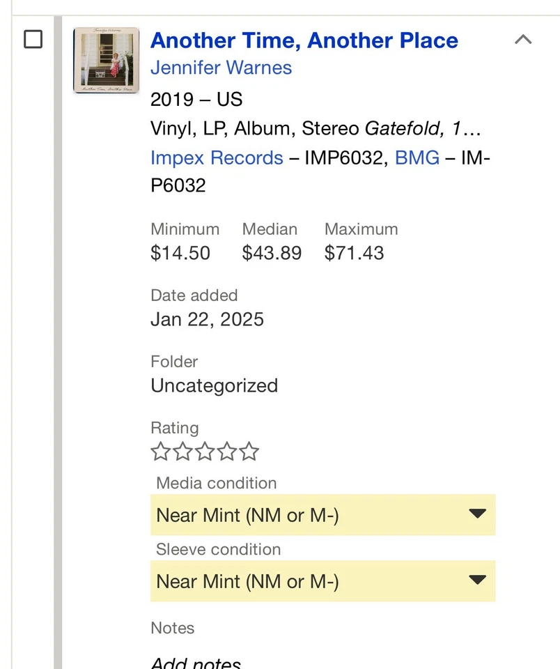 JENNIFER WARNES “Another Time, Another Place” Impex Records, 180g Vinyl LP NM/NM - Image 2 of 4