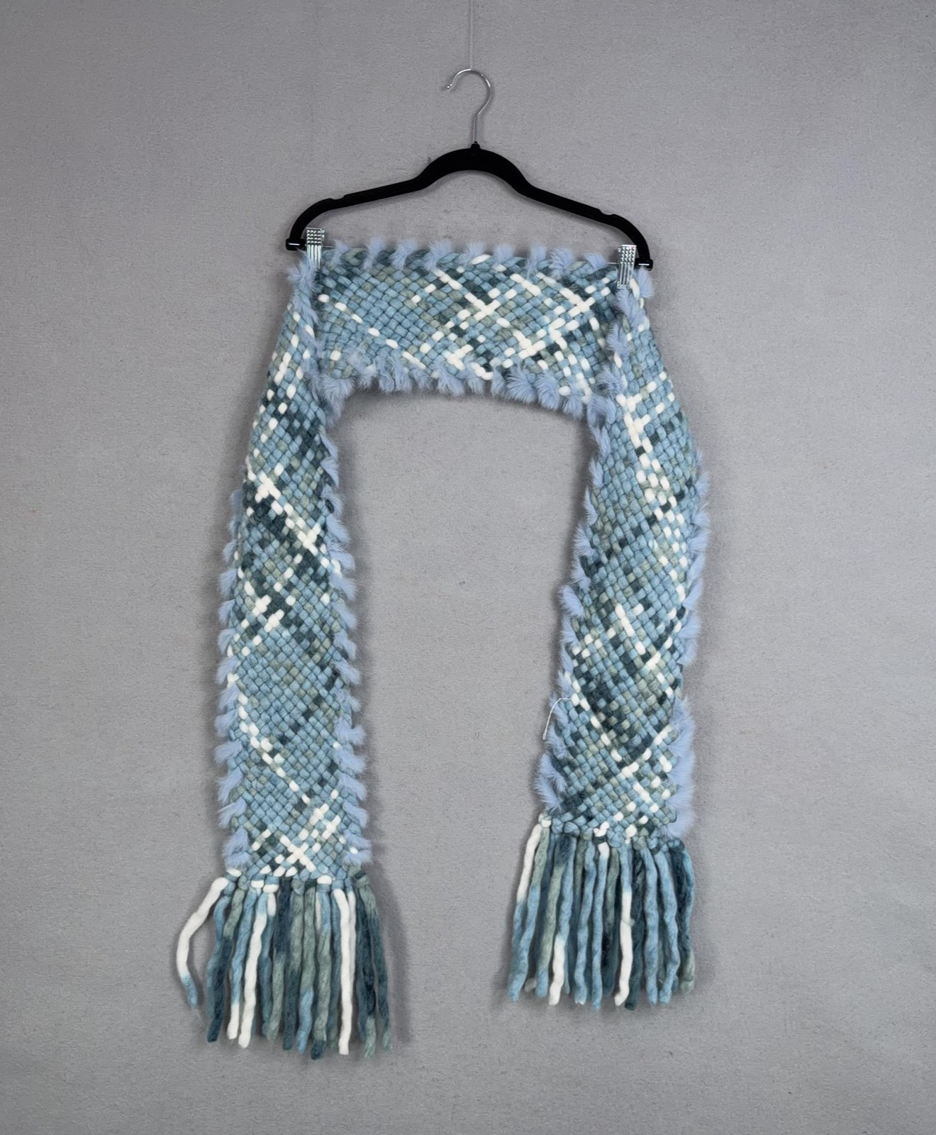Wool Rabbit Fur Scarf Womens One Size Blue Plaid Chunky Knit Fringe Winter Cozy