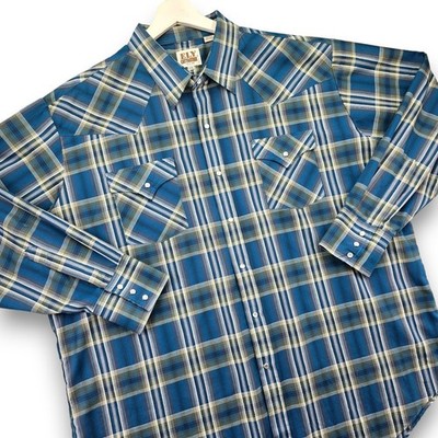 Ely Cattleman Casual Pearl Snap Shirt Men's 2XL Blue Plaid Metallic Western