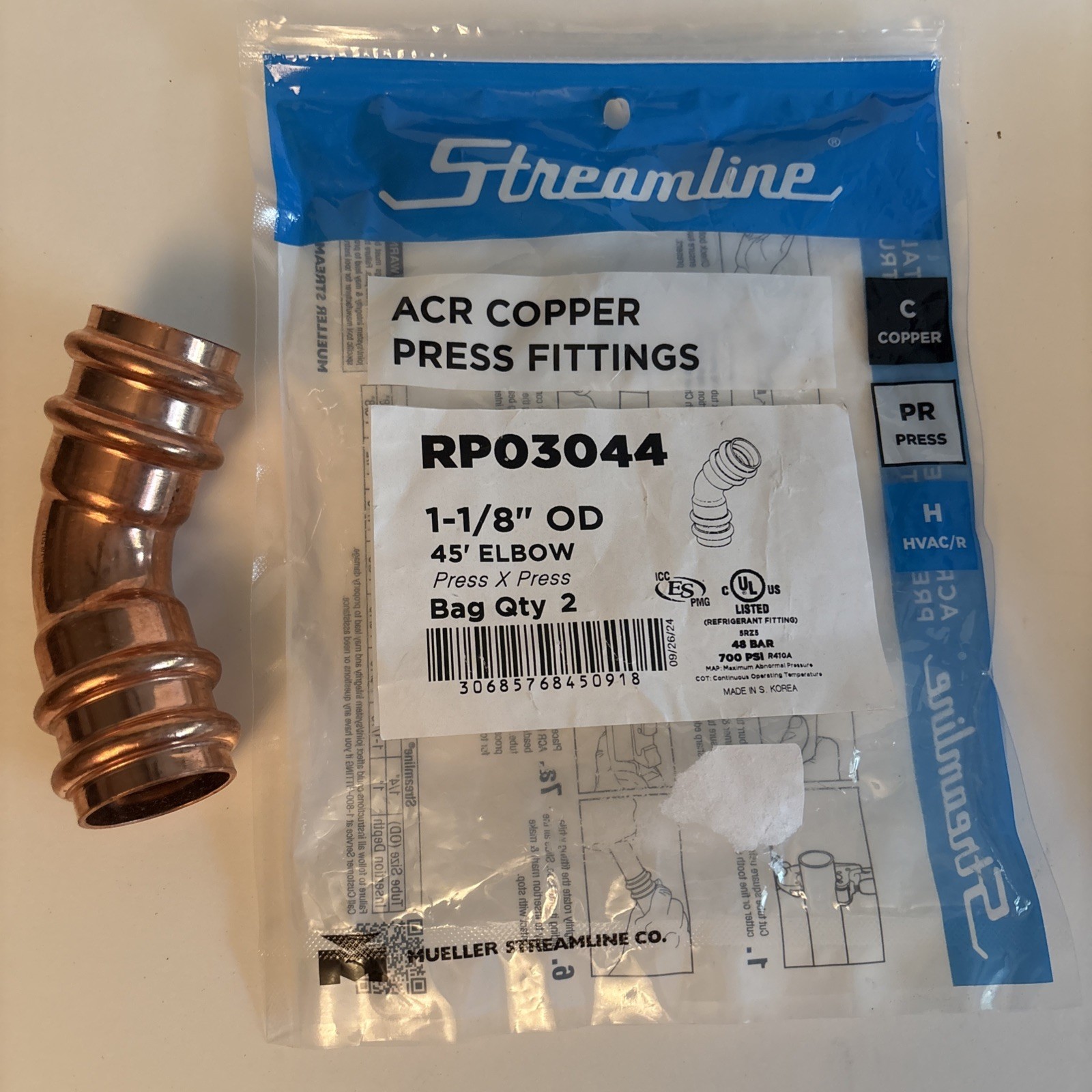1 Piece Mueller Streamline ACR Copper Press Fittings RP03044 NEW NO BOX