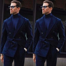 Velvet Men's Suit Navy Blue Warm Formal Tuxedo Offical Business Wedding Jacket
