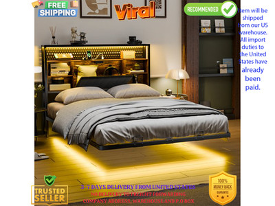 Floating Platform Bed Frame With Charging Station Storage Headboard