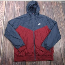 Nike Jacket Mens XL Red Navy Hooded Full Zip Windbreaker Lined Pockets Running