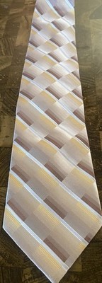 Vintage Renzo Brown, Tan, Gold & White Striped Tie- 100% Silk- 59.5 x4 