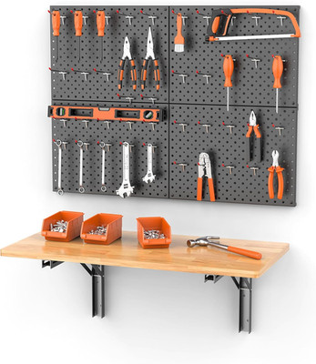 Folding Workbench with Pegboard, Heavy Duty Wall-Mounted Work Table for Garage &