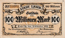 Lahr - Stadt - 100 Millionen Mark - KN 5st - Stpl schwarz m Rand - Keller 2866.f
