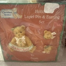 Vintage Cherished Teddies Holiday Lapel Pin And Earrings Set Bears New