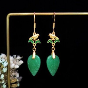 Authentic Green Jade Drop Dangle Earrings Boho bird Leaf Design Hook Gold Plated