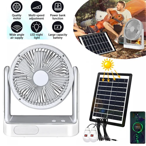 2025 New Rechargeable Fan With solar panel, 3 Speeds, LED light and 2 Free bulbs - Picture 1 of 12