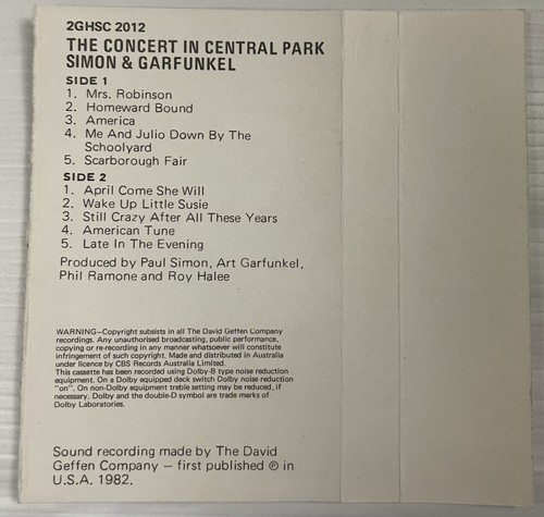Simon & Garfunkel The Concert In Central Park Music Cassette 1 Tape Geffen 1982 - Picture 12 of 24