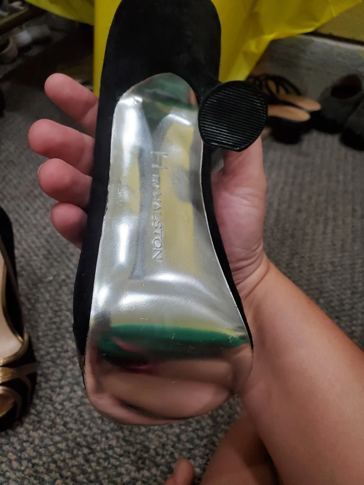 H by halston Zapatos Mujer Talla 7 Gamuza Dorado Negro Metálico Peep Toe Tacones Club Foto 4 de 4