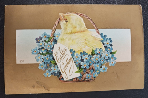 1909 postcard Easter Greeting chick blue flowers basket gold background 838 post - Afbeelding 1 van 2