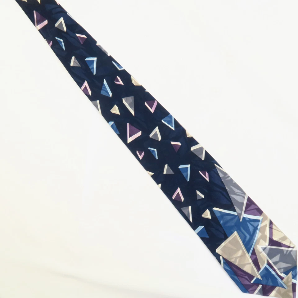 Gravata vintage Adolfo geométrica abstrata azul 54x4 triângulos coloridos curtos - Imagem 2 de 4