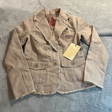 Love Stitch Blazer Womens M Embroidered Jacket Striped Patches Raw Hem Brown Nwt