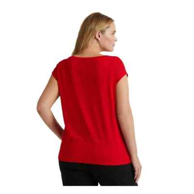 Ralph Lauren L58057 Womens Red Sequined Logo Graphic Cap Sleeve T