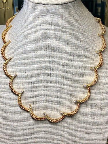 Estate 18K Yellow Orange Sapphire Diamond Scalloped Formal Necklace 17.20cttw