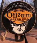 VINTAGE OILZUM GASOLINE 5” PORCELAIN GAS OIL PLATE TAG TOPPER SIGN