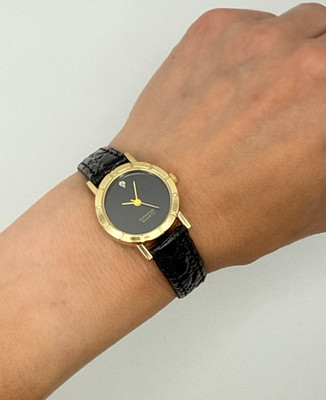 Vintage Diamond Quartz Gold Tone Black Dial Ladies Watch Croc Strap Untested