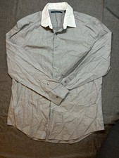 Perry Ellis Men's Gray Plaid 100 Cotton Dress Shirt L Spread Collar Barrel Cuff