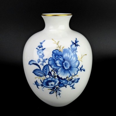 Original Meissen Porzellan Vase Blaue Blume Goldstaffage 1. Wahl ca. 15,5cm