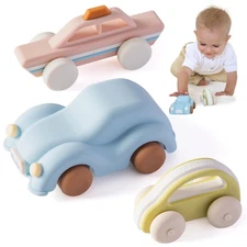 Moonkie Silicone Toddler Toy Cars 6M+ | Push & Go Baby Vehicles 3-Pack