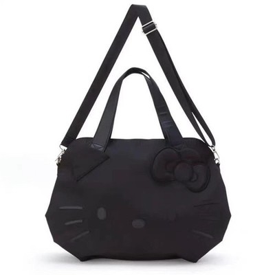 Hello Kitty All Black Face 3D Ear Bow Nylon Tote Handbag Travel Bag New
