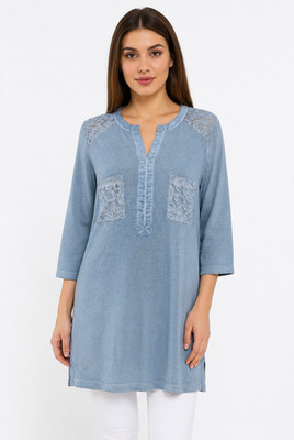 Women's Long Knit Sweater with Lace Detail
