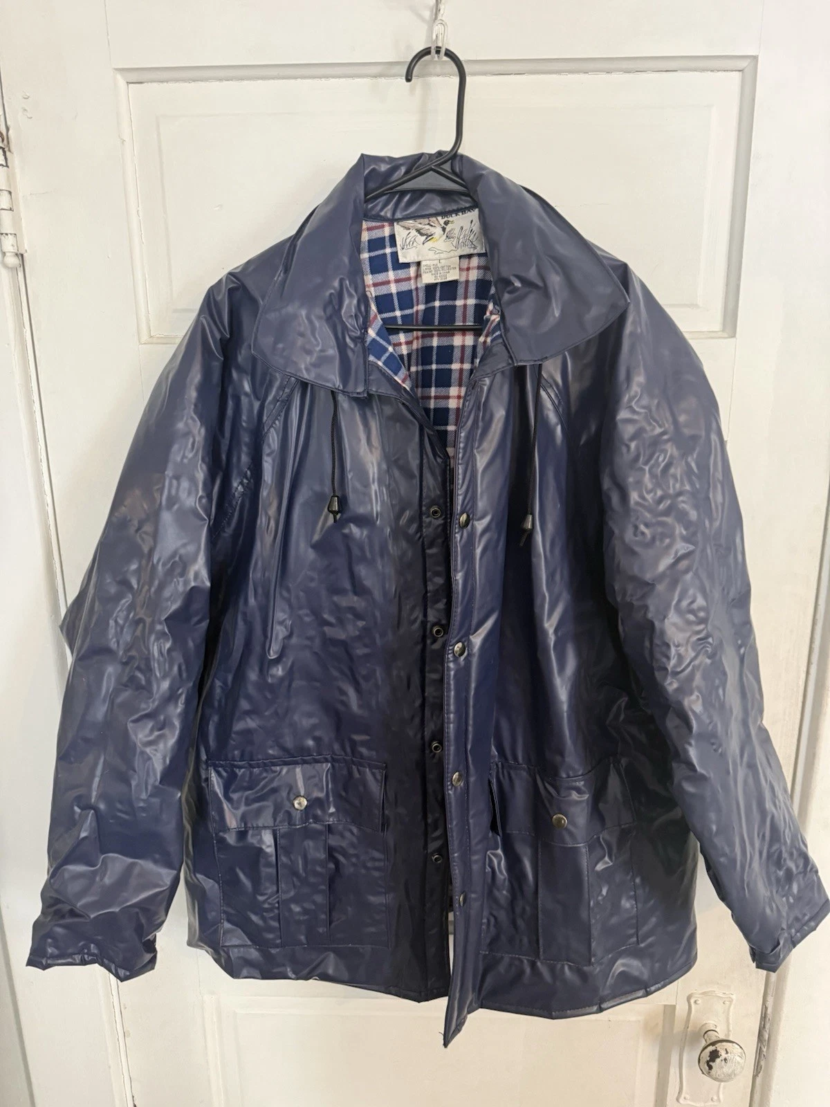 Duck Bay PVC Jacket Large. Blue Hood Flannel Insulated Rain Coat Hunt Fish Camp
