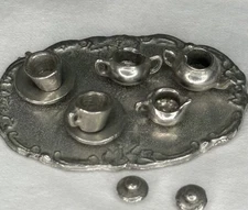 Vintage Dollhouse Toy Miniature Metal Silver Cast Pewter Tea Set 10 Piece