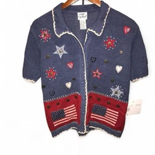 Vintage Koret City Blues Womans S Short Sleeve Folk Americana Stars Sweater NWT