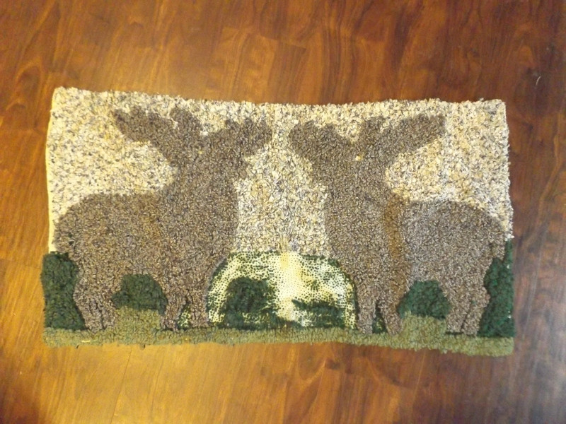 Antique Hand Hooked Rag Rug 2 Moose AS IS FOR RESTORATION 20x36" w Losses