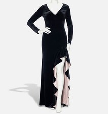 Xscape Women's Black Beige Velvet V-Neck Ruffled Slit Evening Gown Dress Size 4