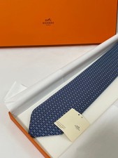 HERMES H Pattern Tie Blue 100 Silk Jacquard Made in France New w/ Box
