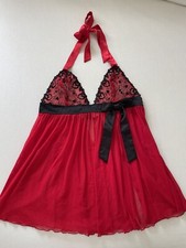 VTG. Frederick  s Of Hollywood Red Sheer Lace Halter Babydoll Negligee Sz L