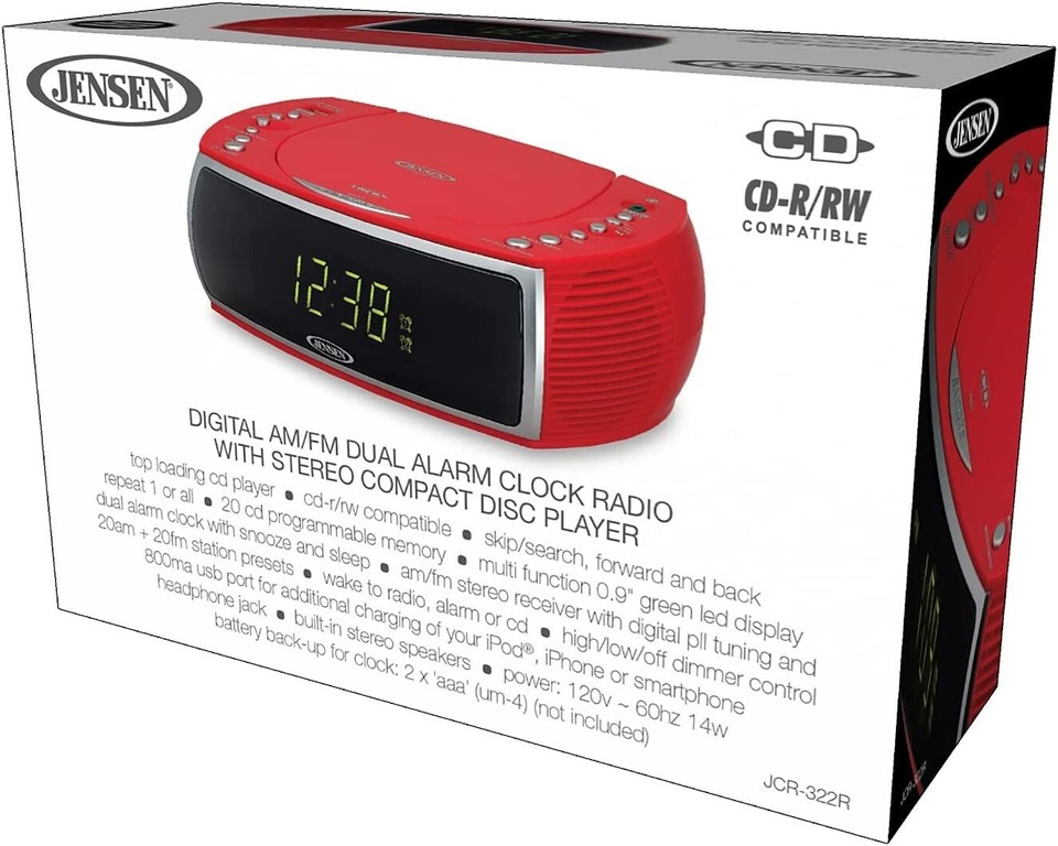 Jensen JCR-322R Modern Home Tabletop Stereo Clock Digital AM/FM Radio ...