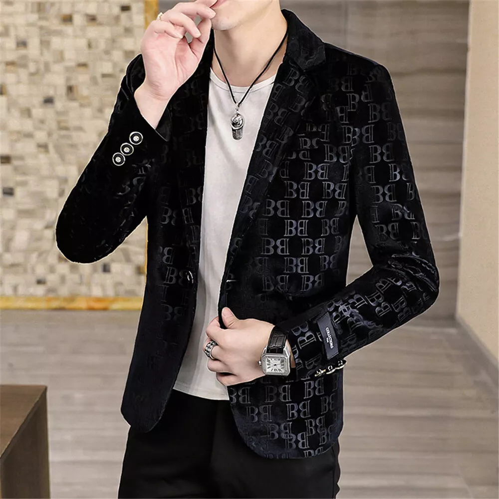 Mens Velvet Work Blazer Suit Jacket Business Casual Button Slim Fit Coat  Tops