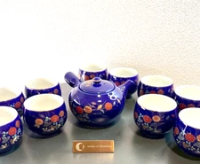 Japanese Blue Chrysanthemum Tea party Set Porcelain pot & 8 cups flower 80s VTG