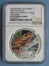 2017 Tuvalu $1 Endangered & Extinct Green & Golden Bell Frog 1oz Silver NGC PF70