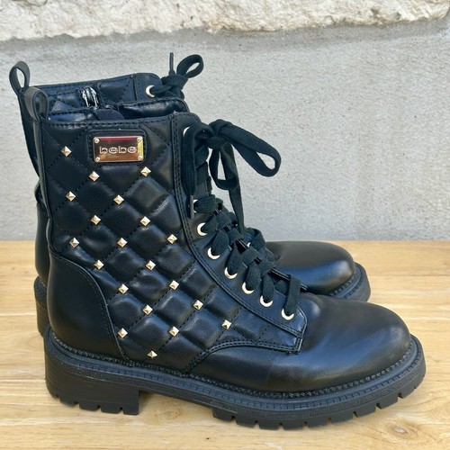 Bebe Damen schwarz Dorienne B Nieten gesteppte Schnürstiefel Kampfstiefel Größe US 6,5 - Bild 2 von 7