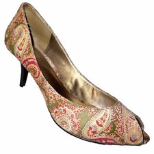 Nine West NWCAY Womens 6.5 M Paisley Peep Toe Heels Textile Upper W/box Gold Red
