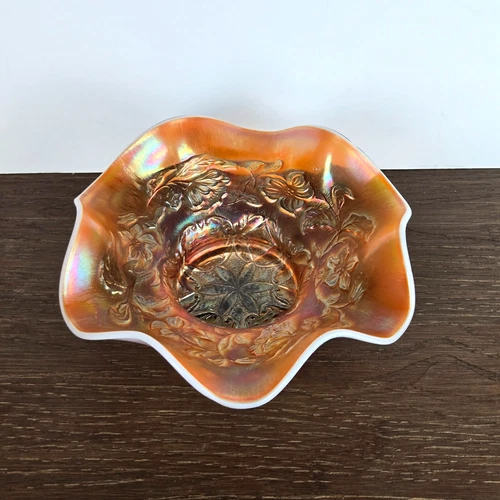 8in Dugan Carnival Glass Bowl Dogwood Marigold Orange Opalescent White Waved Rim