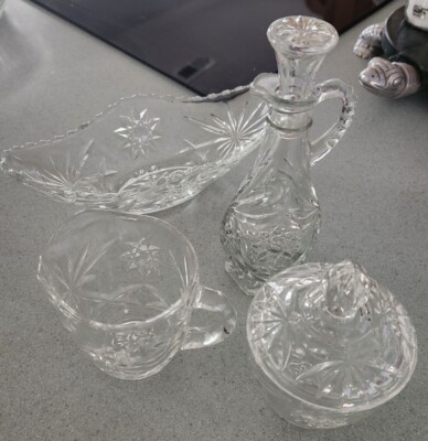 Vintage Cut Glass Starburst Sugar/Creamer, Cruet, & 9.5'' Oblong ''Boatshape'' Bowl