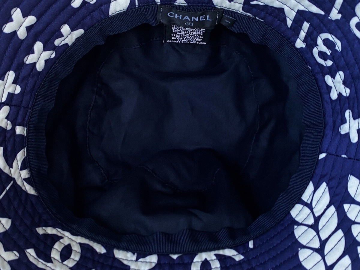 22P CHANEL NAVY BLUE WHITE CC LOGO BUCKET CLOCHE HAT S | eBay