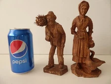 Pair Antique Black Forest Wood Carved Peasant Figures Statues