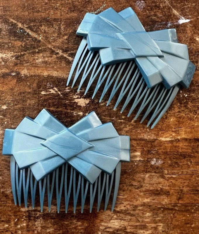 Vintage Goody Plastic Side Hair Combs Blue Bow Design 3 3/8"